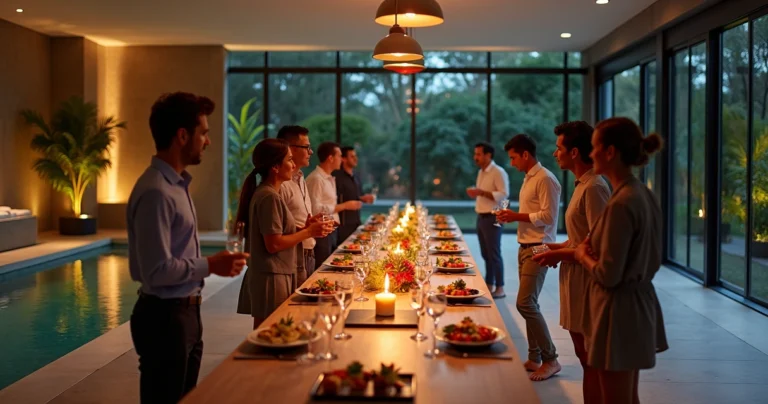 Grupo em evento corporativo de fim de ano em spa de luxo próximo à piscina interna