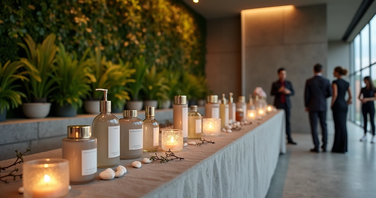 Mesa de lançamento de produto em spa de luxo com iluminação sofisticada