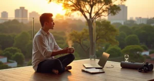 Profissional faz pausa de autocuidado em terraço com vista para natureza