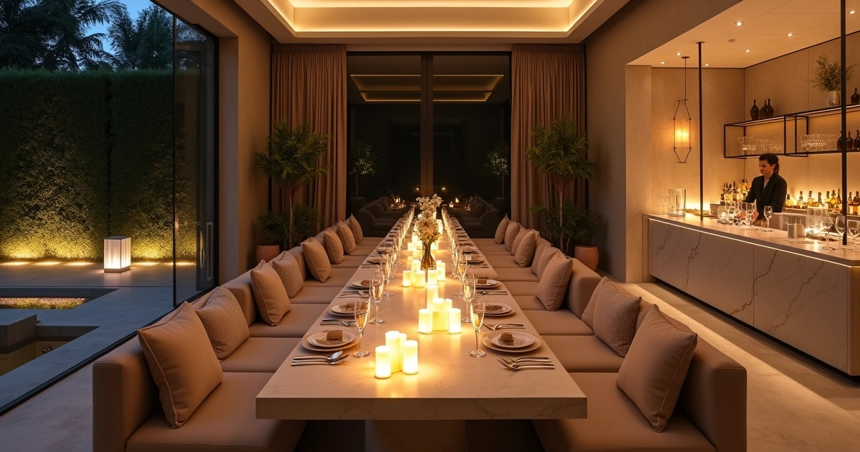 Coquetel sofisticado em salão de spa com decoração para festa privada noturna