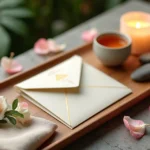 Gift card sofisticado do Kairós Spa em bandeja de madeira com flores e vela acesa