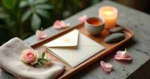 Gift card sofisticado do Kairós Spa em bandeja de madeira com flores e vela acesa