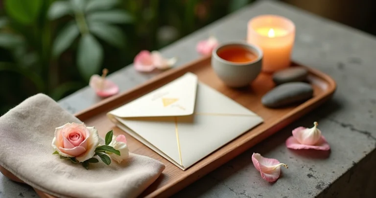 Gift card sofisticado do Kairós Spa em bandeja de madeira com flores e vela acesa