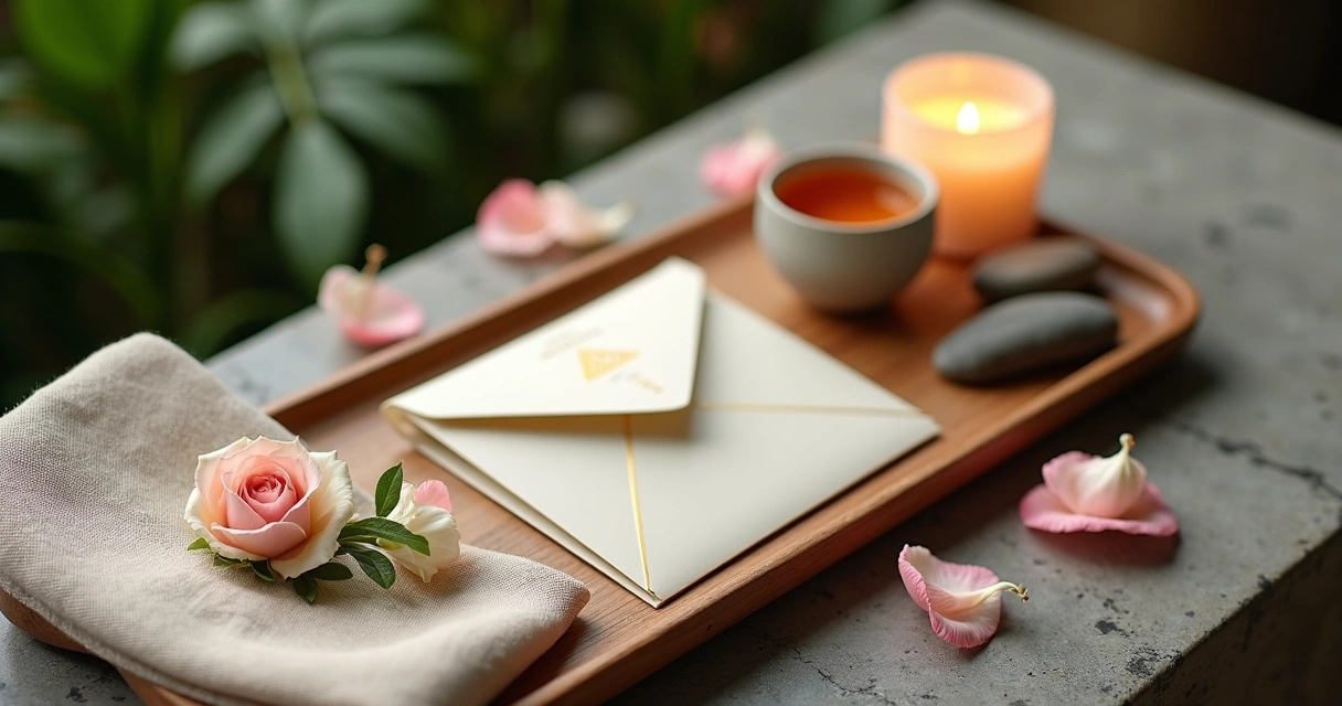 Gift card sofisticado do Kairós Spa em bandeja de madeira com flores e vela acesa
