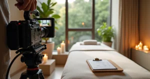 Cinegrafista ajustando câmera profissional em sala de spa com maca e luz natural suave