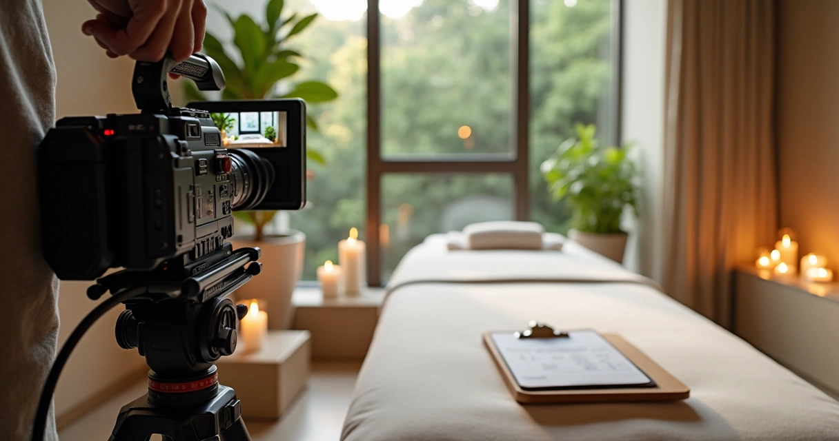 Cinegrafista ajustando câmera profissional em sala de spa com maca e luz natural suave