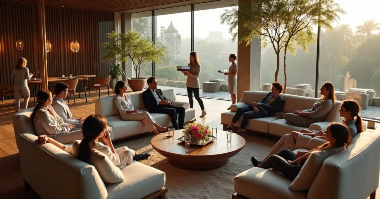 Grupo corporativo relaxando em área de descanso sofisticada de spa urbano
