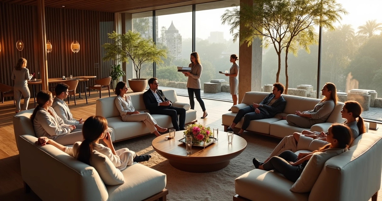 Grupo corporativo relaxando em área de descanso sofisticada de spa urbano