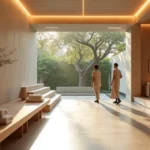 Hall de spa de luxo com arquitetura moderna e vista para jardim em São Paulo