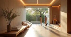 Hall de spa de luxo com arquitetura moderna e vista para jardim em São Paulo