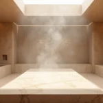 Sala de hammam contemporâneo com vapor suave e claraboia de luz natural