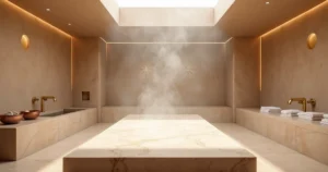 Sala de hammam contemporâneo com vapor suave e claraboia de luz natural