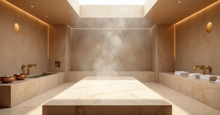 Sala de hammam contemporâneo com vapor suave e claraboia de luz natural