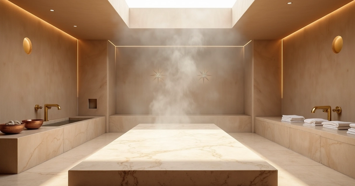 Sala de hammam contemporâneo com vapor suave e claraboia de luz natural
