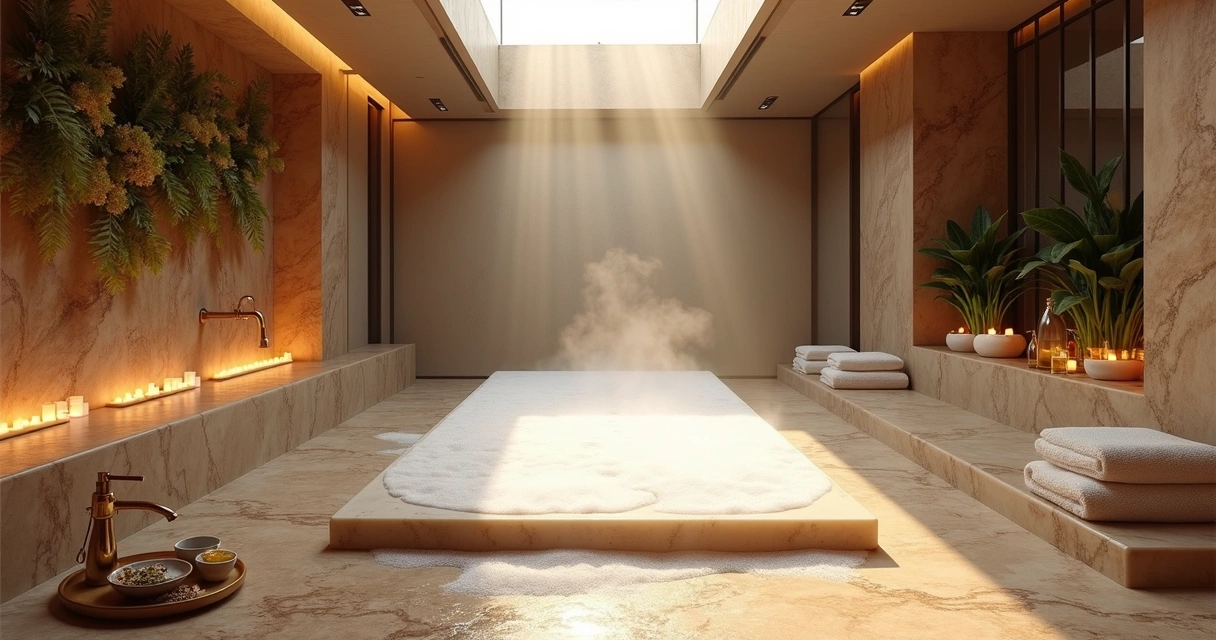 Ritual de hammam em spa de luxo com vapor suave e luz de velas em São Paulo