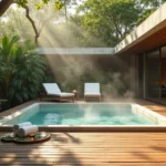 Jacuzzi de spa de luxo no Morumbi cercada por árvores e luz natural