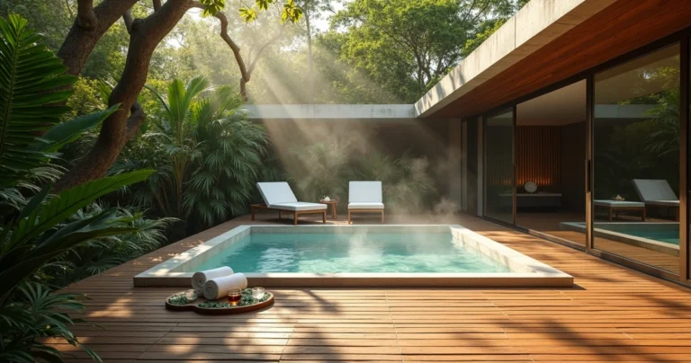 Jacuzzi de spa de luxo no Morumbi cercada por árvores e luz natural