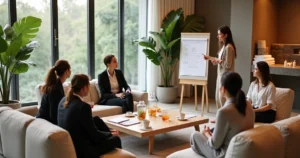 Grupo de líderes em reunião em sala de spa sofisticada com elementos de bem-estar