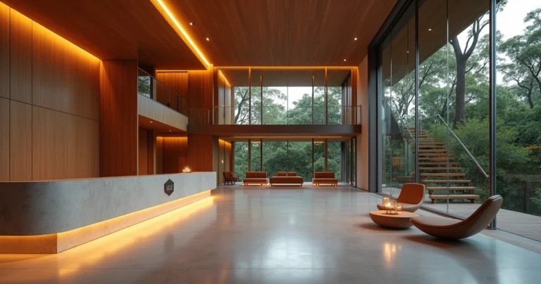 Lobby de spa de luxo em casa de arquitetura moderna com árvores vistas pelas janelas