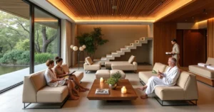 Lounge interno de spa urbano de luxo com clientes em relaxamento discreto