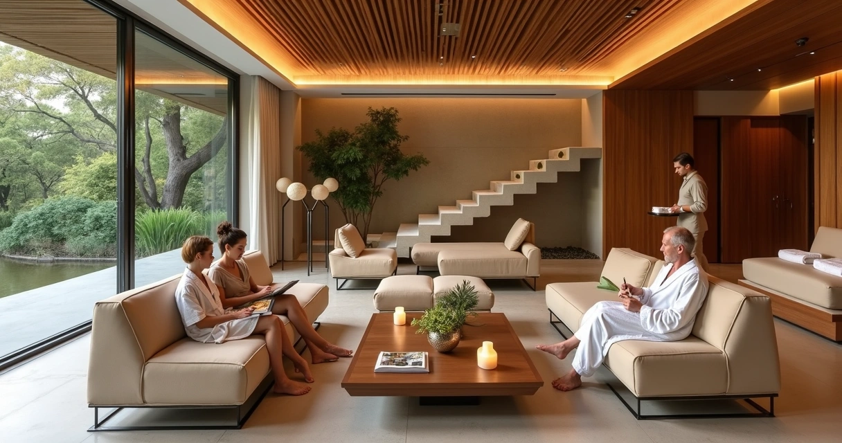 Lounge interno de spa urbano de luxo com clientes em relaxamento discreto