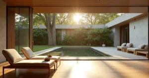 Lounge de spa urbano em casa moderna rodeada por árvores altas