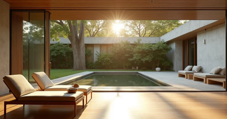 Lounge de spa urbano em casa moderna rodeada por árvores altas