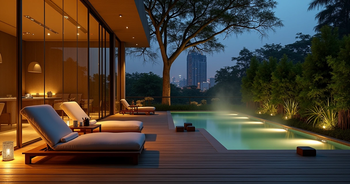 Área de lounge de spa urbano sofisticado em São Paulo à noite