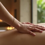 Detalhe de massoterapeuta tocando ombro em ambiente de spa de luxo