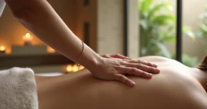 Detalhe de massoterapeuta tocando ombro em ambiente de spa de luxo