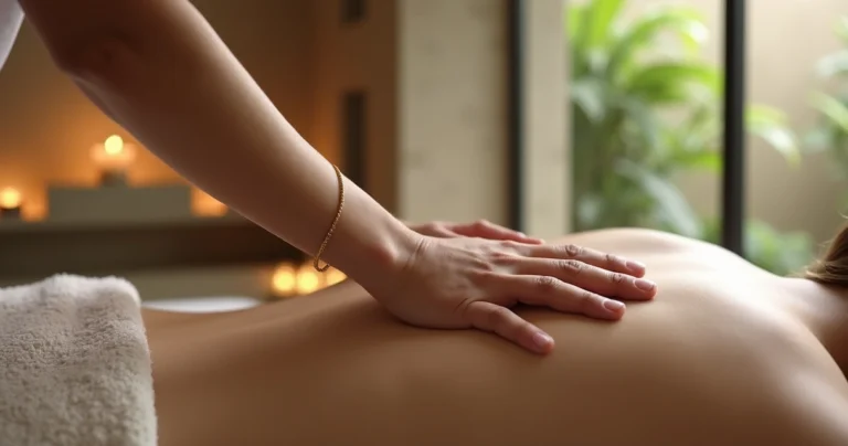 Detalhe de massoterapeuta tocando ombro em ambiente de spa de luxo