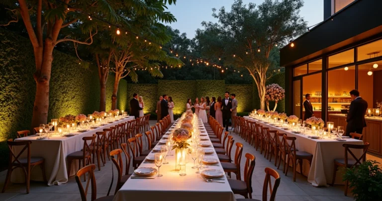 Mini wedding elegante ao ar livre em spa cercado por jardim tropical iluminado à noite