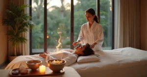 Mulher relaxando em spa urbano com elementos de terapia holística