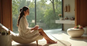 Noiva em robe branco relaxando em spa de luxo cercado por janelões e jardim