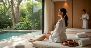 Noiva em robe branco relaxando em spa luxuoso integrado à natureza