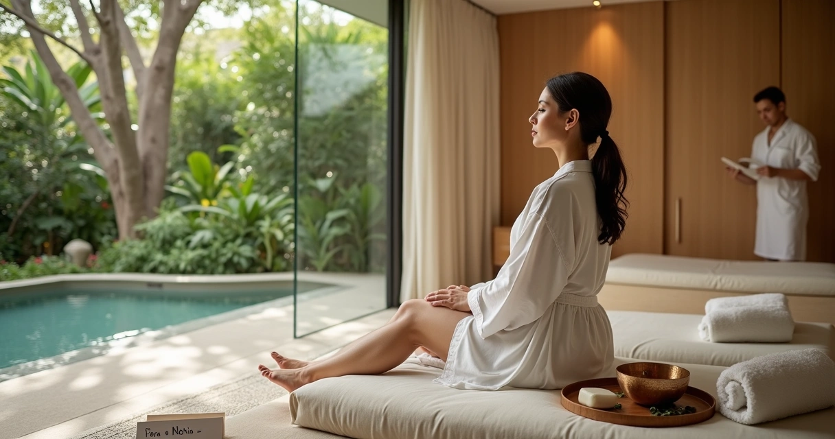 Noiva em robe branco relaxando em spa luxuoso integrado à natureza