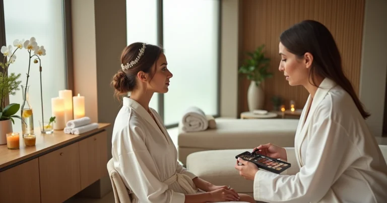 Noiva em robe de seda sendo maquiada em spa urbano elegante