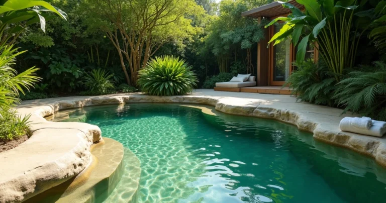 Piscina natural cercada por rochas claras e vegetação densa no fundo