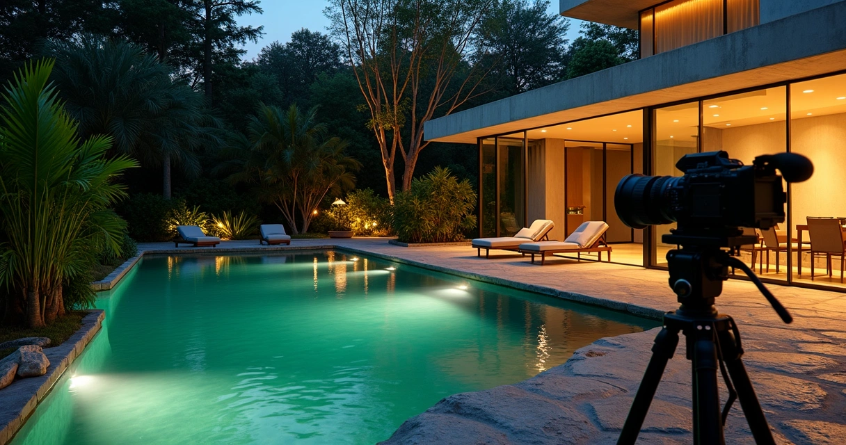 Equipamento de filmagem captando piscina natural iluminada em spa de luxo