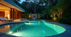 Piscina natural de spa de luxo cercada por árvores altas ao anoitecer
