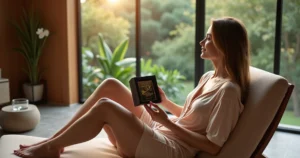 Esposa recebendo vale-presente de spa em ambiente de bem-estar sofisticado