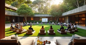 Equipe corporativa em círculo ao ar livre em retiro de spa de luxo