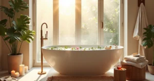Ritual de spa caseiro ao amanhecer com banheira, velas e chá