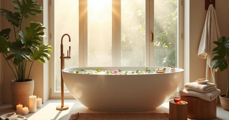 Ritual de spa caseiro ao amanhecer com banheira, velas e chá