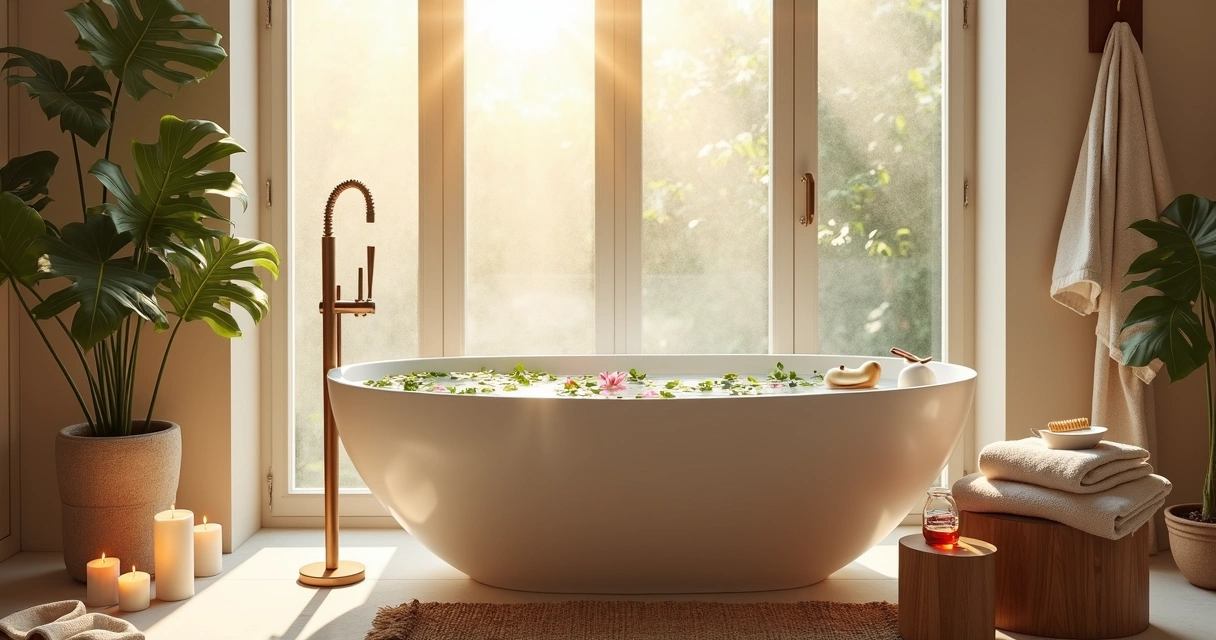 Ritual de spa caseiro ao amanhecer com banheira, velas e chá