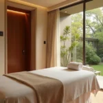 Sala de massagem de luxo com luz natural suave e vista para árvores em São Paulo