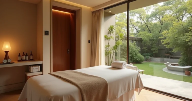Sala de massagem de luxo com luz natural suave e vista para árvores em São Paulo