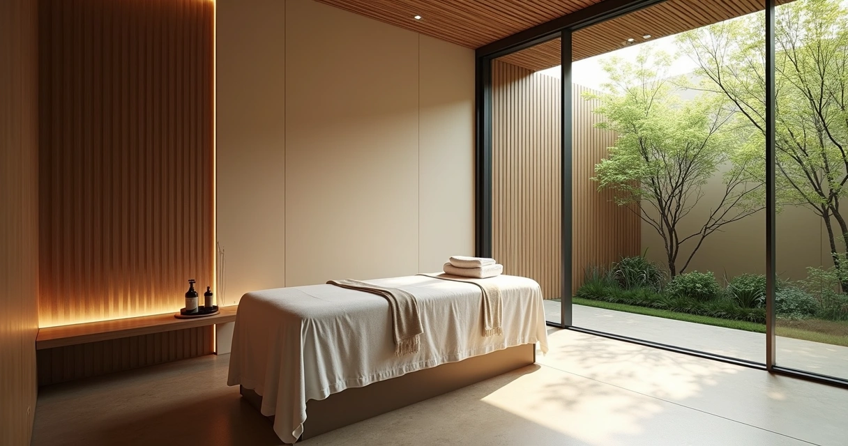 Sala de massagem sofisticada integrando luz natural e natureza num spa urbano de alto padrão