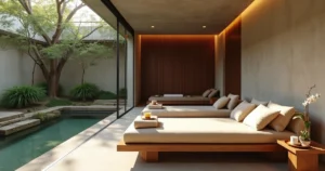 Sala de relaxamento de spa de luxo com arquitetura moderna e vista para jardim em São Paulo