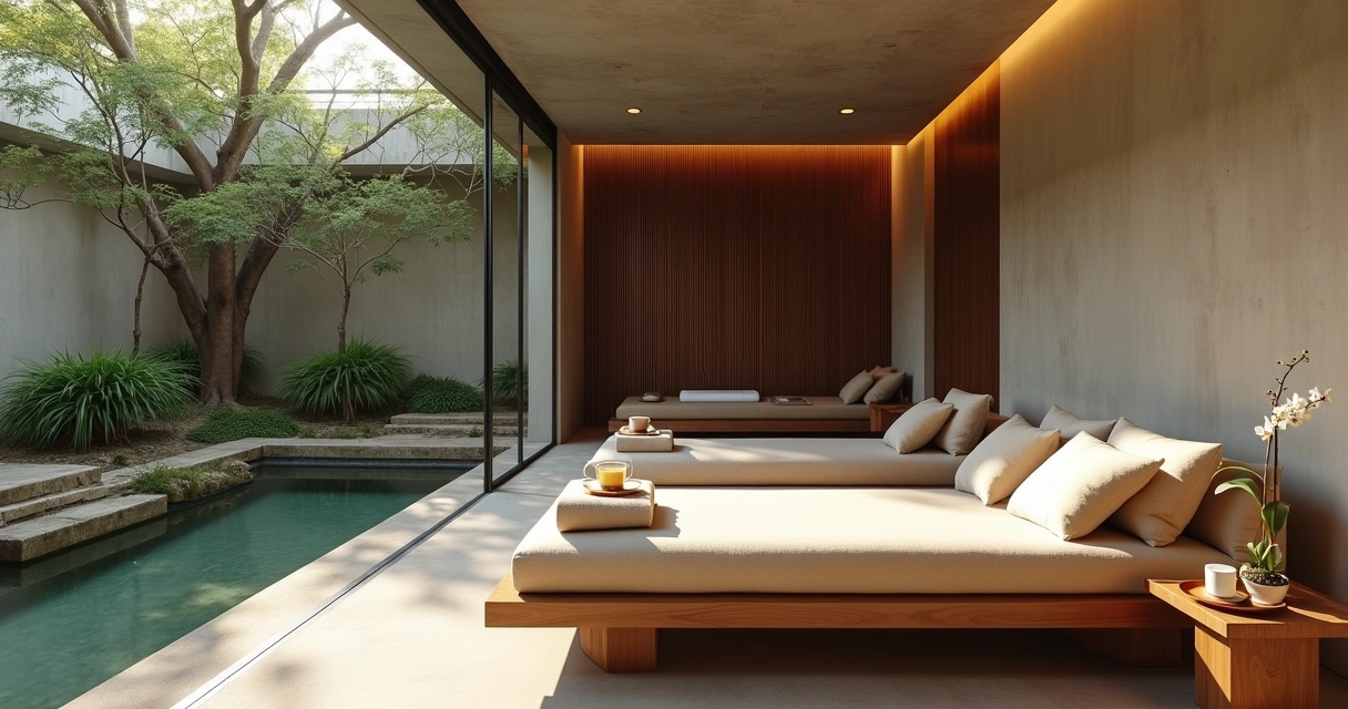 Sala de relaxamento de spa de luxo com arquitetura moderna e vista para jardim em São Paulo